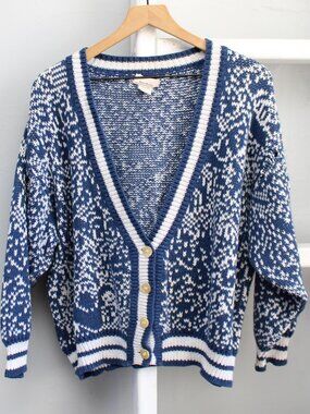 Mark Shale Vintage 80s Blue White Cotton Knit Button Cardigan Size Small